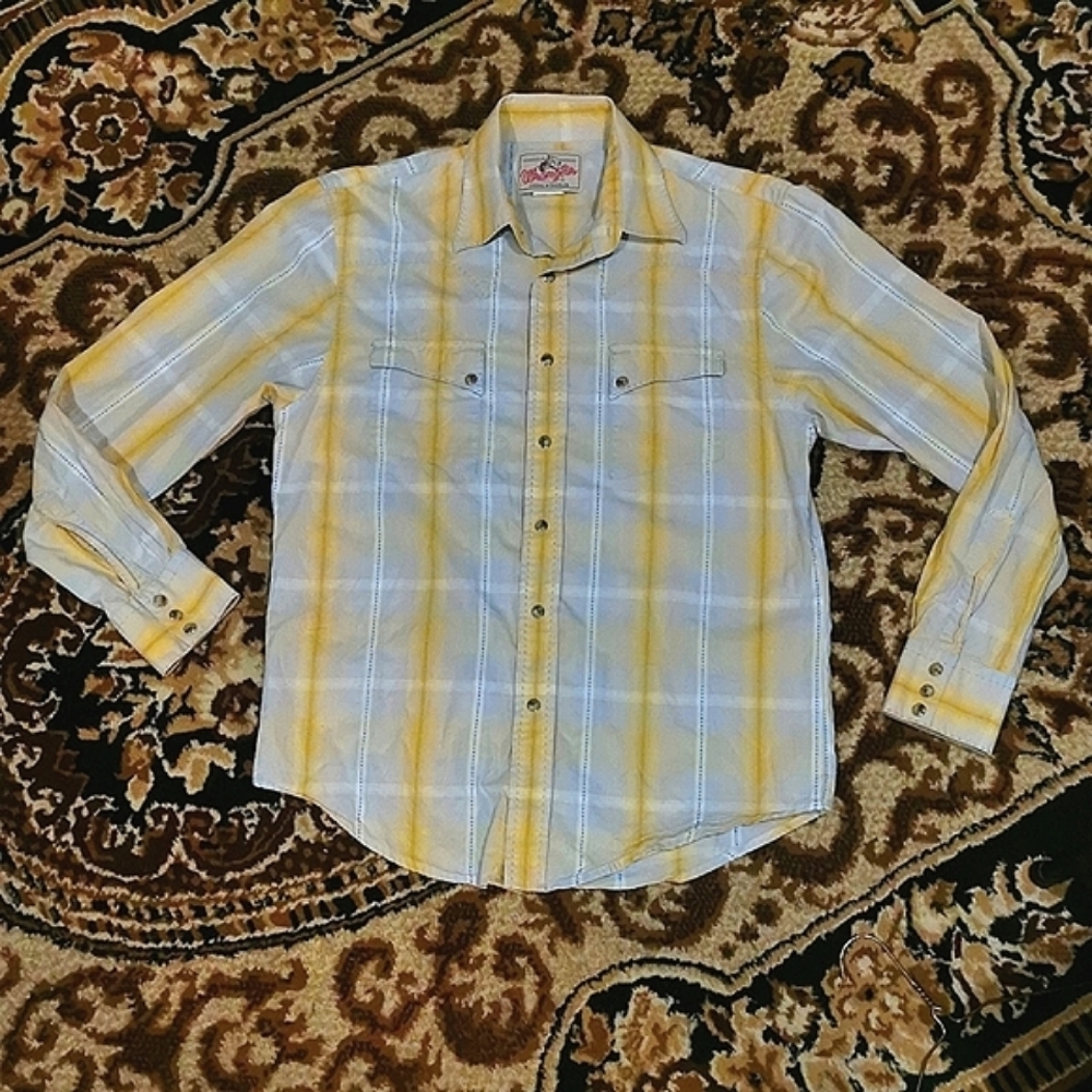 Vintage Western Wrangler Plaid Snap Shirt Cowgirl Farm Prairie Yellow Blue Retro